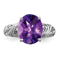 Sterling Silver Rhodium Oval Checker-Cut Amethyst & Diamond Ring view 5