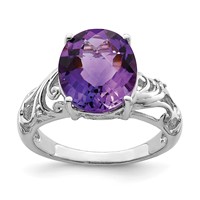 Sterling Silver Rhodium Oval Checker-Cut Amethyst & Diamond Ring view 1