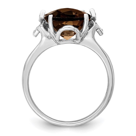 Sterling Silver Rhodium Checker-Cut Smoky Quartz & Diam. Ring