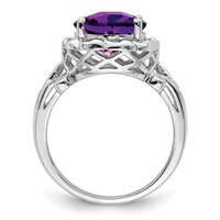 Sterling Silver Rhodium Oval Checker-Cut Amethyst & Diamond Ring view 2