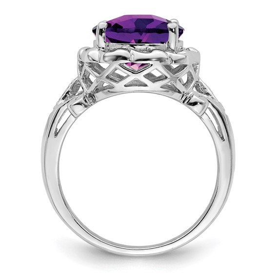 Sterling Silver Rhodium Oval Checker-Cut Amethyst & Diamond Ring