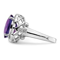 Sterling Silver Rhodium Oval Checker-Cut Amethyst & Diamond Ring view 3