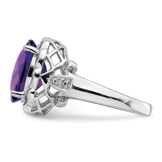 Sterling Silver Rhodium Oval Checker-Cut Amethyst & Diamond Ring
