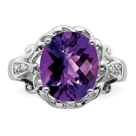 Sterling Silver Rhodium Oval Checker-Cut Amethyst & Diamond Ring