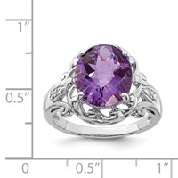 Sterling Silver Rhodium Oval Checker-Cut Amethyst & Diamond Ring view 4