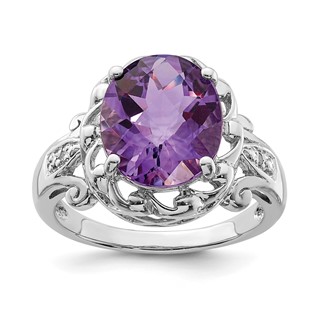Sterling Silver Rhodium Oval Checker-Cut Amethyst & Diamond Ring