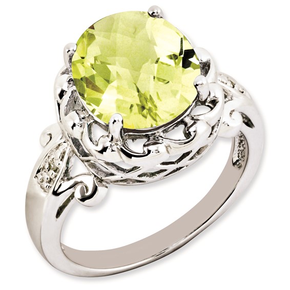 Sterling Silver RH-plated Oval Checker-Cut Lemon Quartz & Diamond Ring