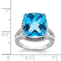 Sterling Silver Rhodium Checker-Cut Blue Topaz Ring view 3