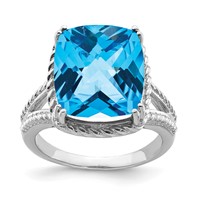 Sterling Silver Rhodium Checker-Cut Blue Topaz Ring view 1