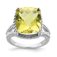 Sterling Silver Rhodium Checker-Cut Lemon Quartz Ring view 1