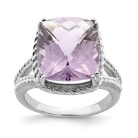 Sterling Silver Rhodium Checker-Cut Pink Quartz Ring view 1