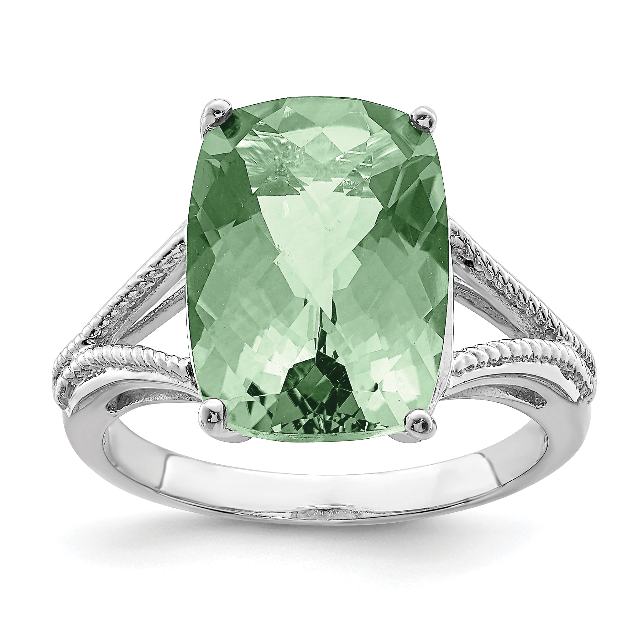 Sterling Silver Rhodium Checker-Cut Green Quartz Ring (QR3195AG-7)