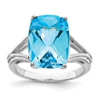 Sterling Silver Rhodium Checker-Cut Blue Topaz Ring view 1