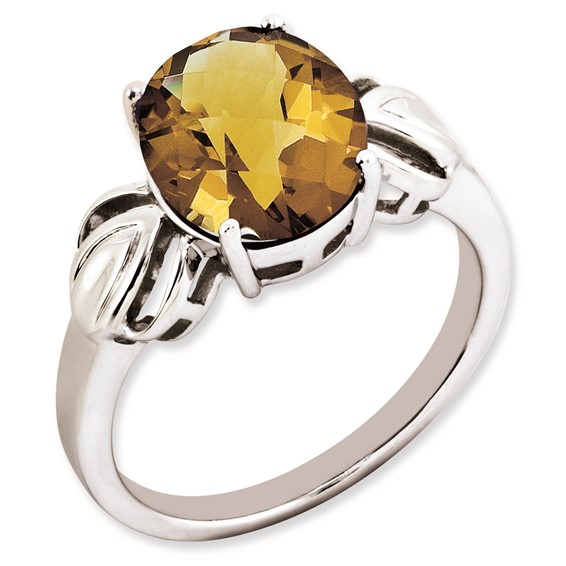 Sterling Silver Rhodium-plated Oval Checker-Cut Whiskey Quartz Ring