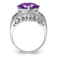 Sterling Silver Rhodium-plated Checker-Cut Amethyst & Diamond Ring view 2