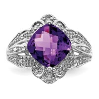 Sterling Silver Rhodium-plated Checker-Cut Amethyst & Diamond Ring view 5