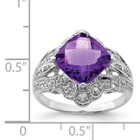 Sterling Silver Rhodium-plated Checker-Cut Amethyst & Diamond Ring view 4