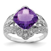 Sterling Silver Rhodium-plated Checker-Cut Amethyst & Diamond Ring view 1