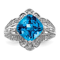 Sterling Silver Rhodium Checker-Cut Blue Topaz & Diam. Ring view 5