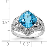 Sterling Silver Rhodium Checker-Cut Blue Topaz & Diam. Ring view 3