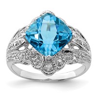 Sterling Silver Rhodium Checker-Cut Blue Topaz & Diam. Ring view 1
