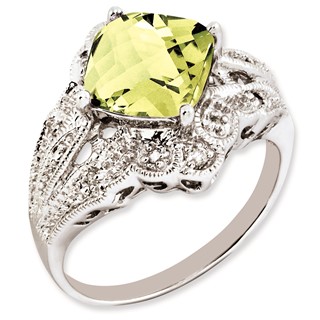 Sterling Silver Rhodium-plated Checker-Cut Lemon Quartz & Diamond Ring