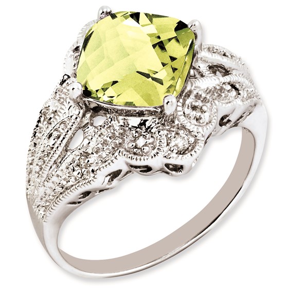 Sterling Silver Rhodium-plated Checker-Cut Lemon Quartz & Diamond Ring