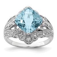 Sterling Silver Rhodium Checker-Cut Sky Blue Topaz & Diam. Ring view 1
