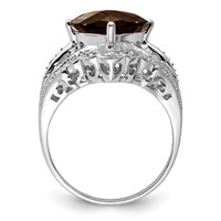 Sterling Silver Rhodium Checker-Cut Smoky Quartz & Diam. Ring view 2