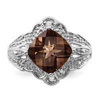 Sterling Silver Rhodium Checker-Cut Smoky Quartz & Diam. Ring view 5