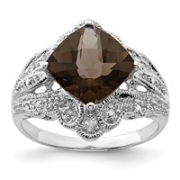 Sterling Silver Rhodium Checker-Cut Smoky Quartz & Diam. Ring view 1