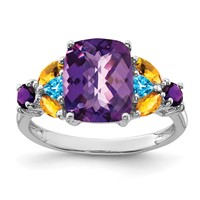 Sterling Silver Rhodium-plated Amethyst, Blue Topaz & Citrine Ring view 1