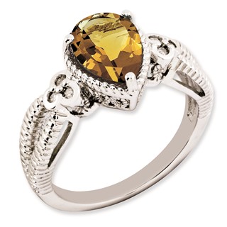 Sterling Silver Rhodium-plated Whiskey Quartz & Diamond Ring
