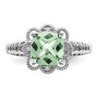 Sterling Silver Rhodium Checker-Cut Green Quartz & Diam. Ring view 5