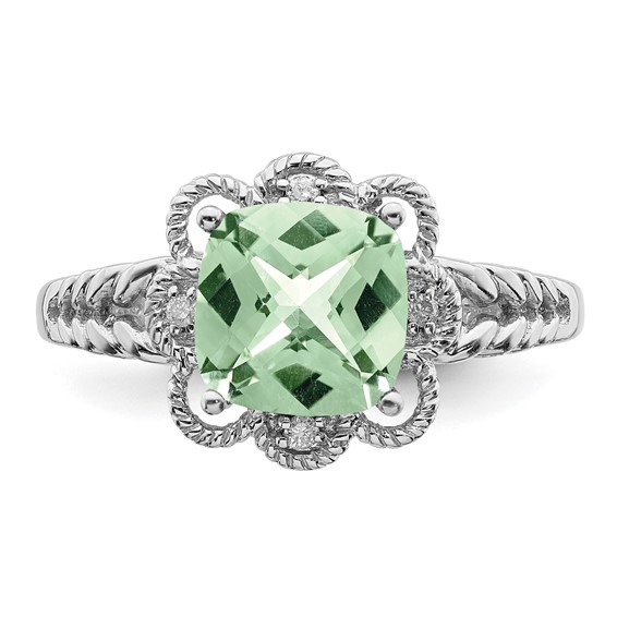 Sterling Silver Rhodium-plated Checker-Cut Gemstone and Diamond Ring