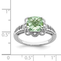 Sterling Silver Rhodium Checker-Cut Green Quartz & Diam. Ring view 3