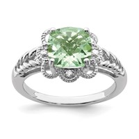 Sterling Silver Rhodium Checker-Cut Green Quartz & Diam. Ring view 1