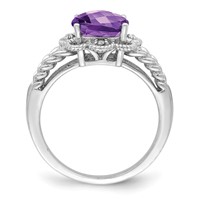 Sterling Silver Rhodium-plated Checker-Cut Amethyst & Diamond Ring view 2