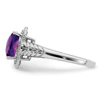 Sterling Silver Rhodium-plated Checker-Cut Amethyst & Diamond Ring view 4