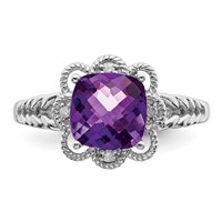 Sterling Silver Rhodium-plated Checker-Cut Amethyst & Diamond Ring view 5