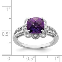 Sterling Silver Rhodium-plated Checker-Cut Amethyst & Diamond Ring view 3