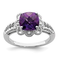 Sterling Silver Rhodium-plated Checker-Cut Amethyst & Diamond Ring view 1
