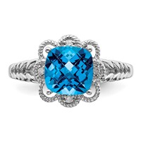 Sterling Silver Rhodium Checker-Cut Blue Topaz & Diam. Ring view 5