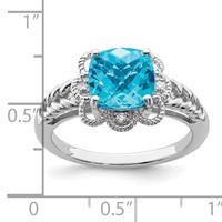 Sterling Silver Rhodium Checker-Cut Blue Topaz & Diam. Ring view 4