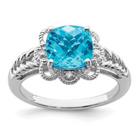 Sterling Silver Rhodium Checker-Cut Blue Topaz & Diam. Ring view 1
