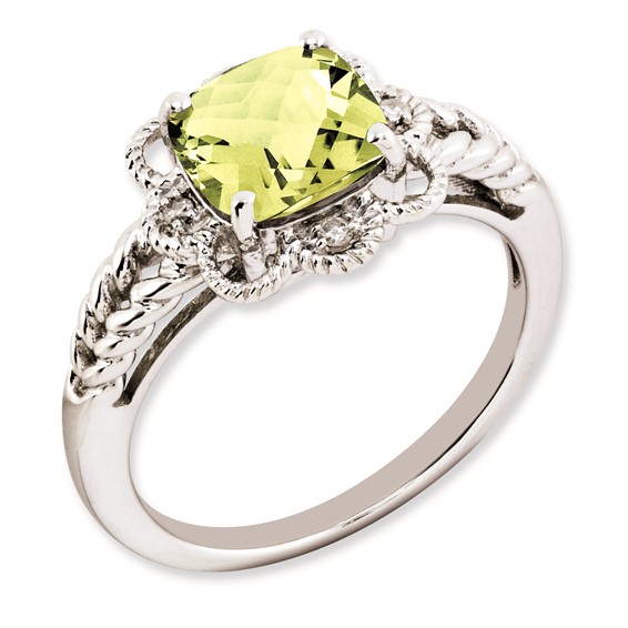 Sterling Silver Rhodium-plated Checker-Cut Lemon Quartz & Diamond Ring