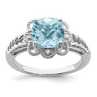 Sterling Silver Rhodium Checker-Cut Sky Blue Topaz & Diam. Ring view 1