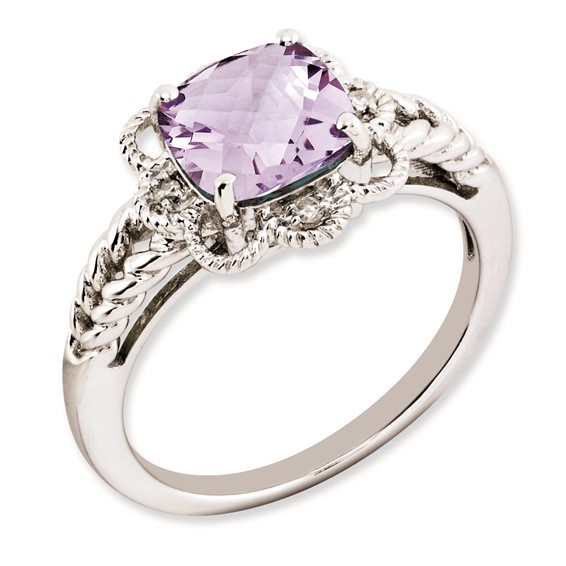 Sterling Silver Rhodium-plated Checker-Cut Pink Quartz & Diamond Ring