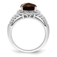 Sterling Silver Rhodium Checker-Cut Smoky Quartz & Diam. Ring view 2