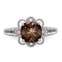 Sterling Silver Rhodium Checker-Cut Smoky Quartz & Diam. Ring view 5